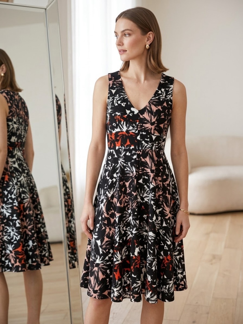 Metaphor Black Floral V-Neck Fit & Flare Midi Dress with Pink and Red Accents